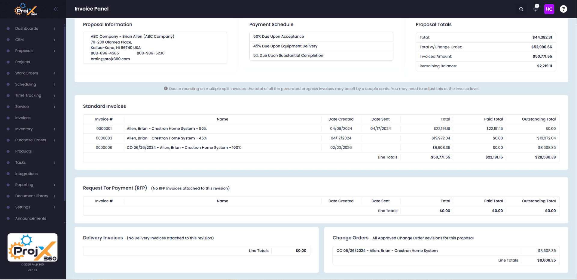 ProjX360 - Invoice Panel